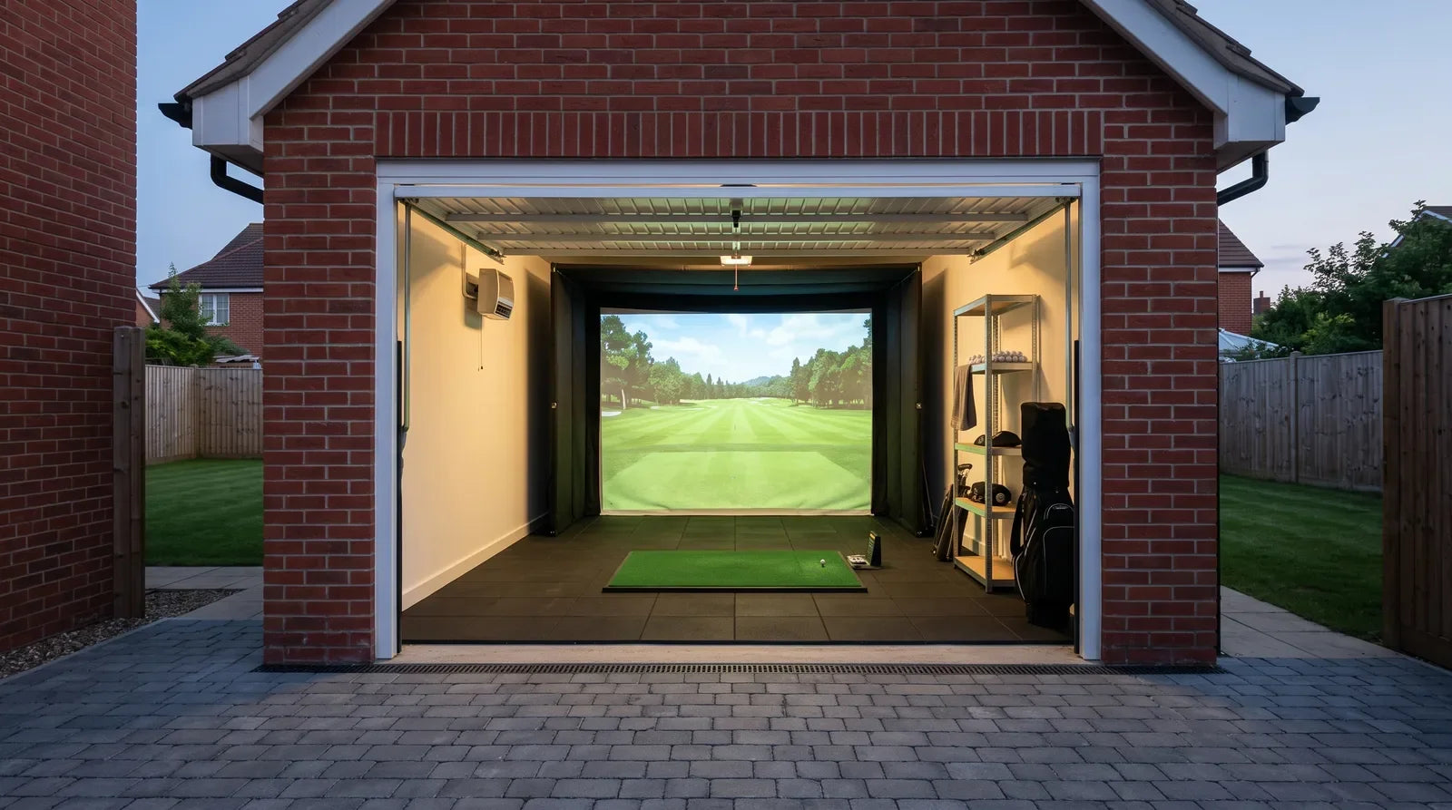 A golf simulator in a British single garage seen from the driveway at dusk, with the up-and-over door open, an impact screen showing a fairway, a hitting mat on rubber floor tiles and a heater on the side wall